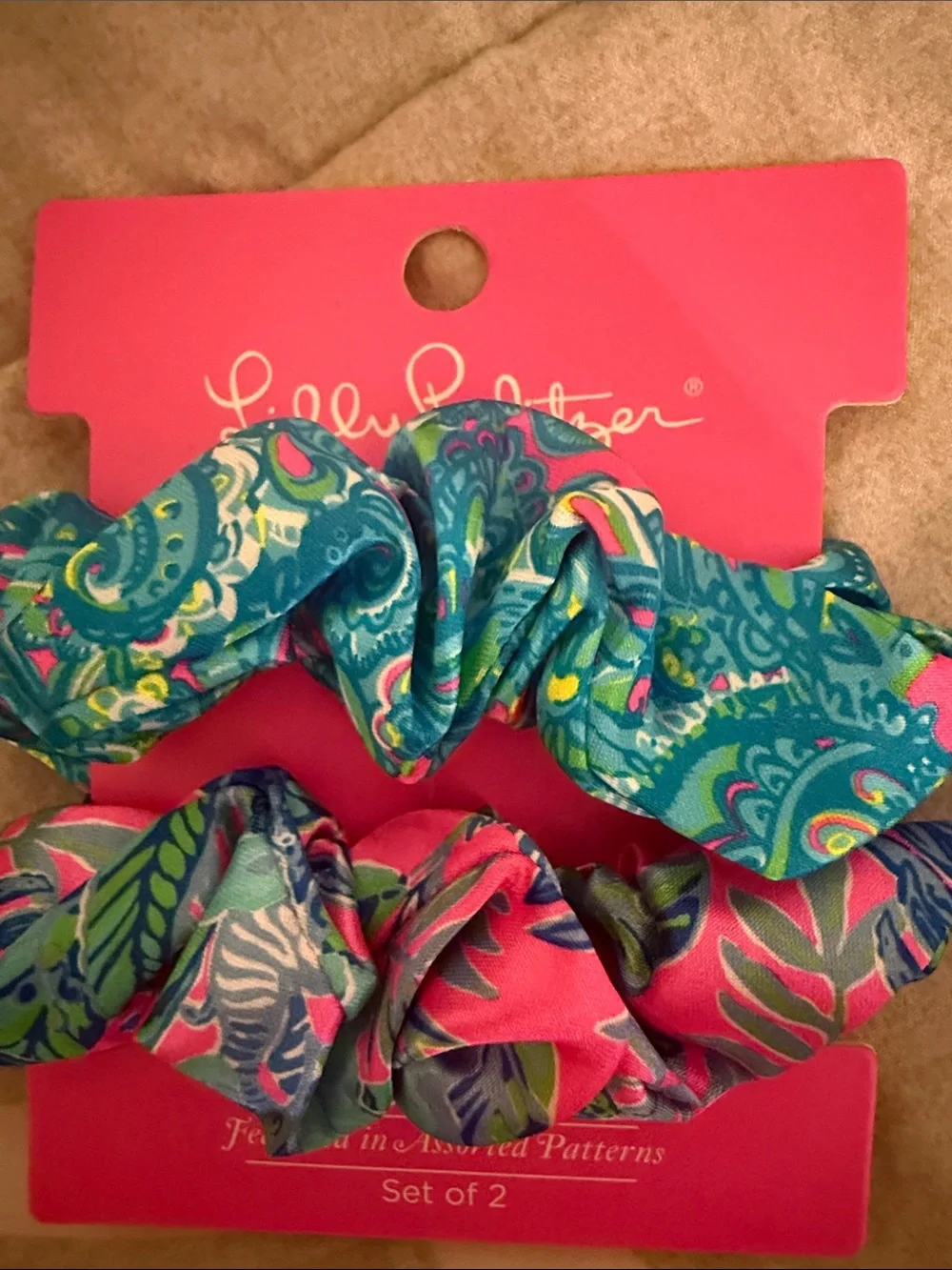 Lilly Pulitzer Bright Turquoise & Pink Patterned Scrunchie Duo